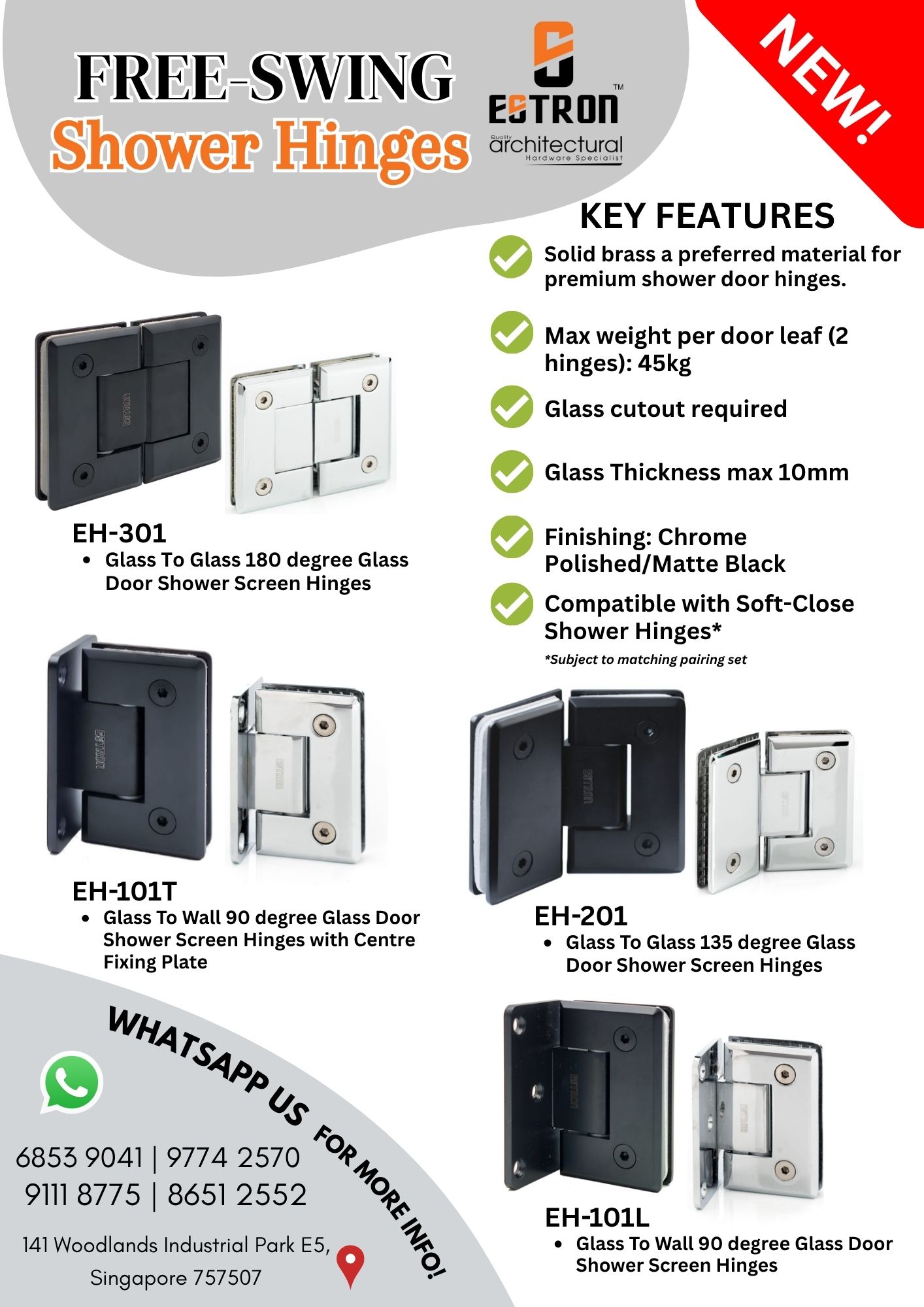 Free Swing Solid Brass Shower Hinges Estron